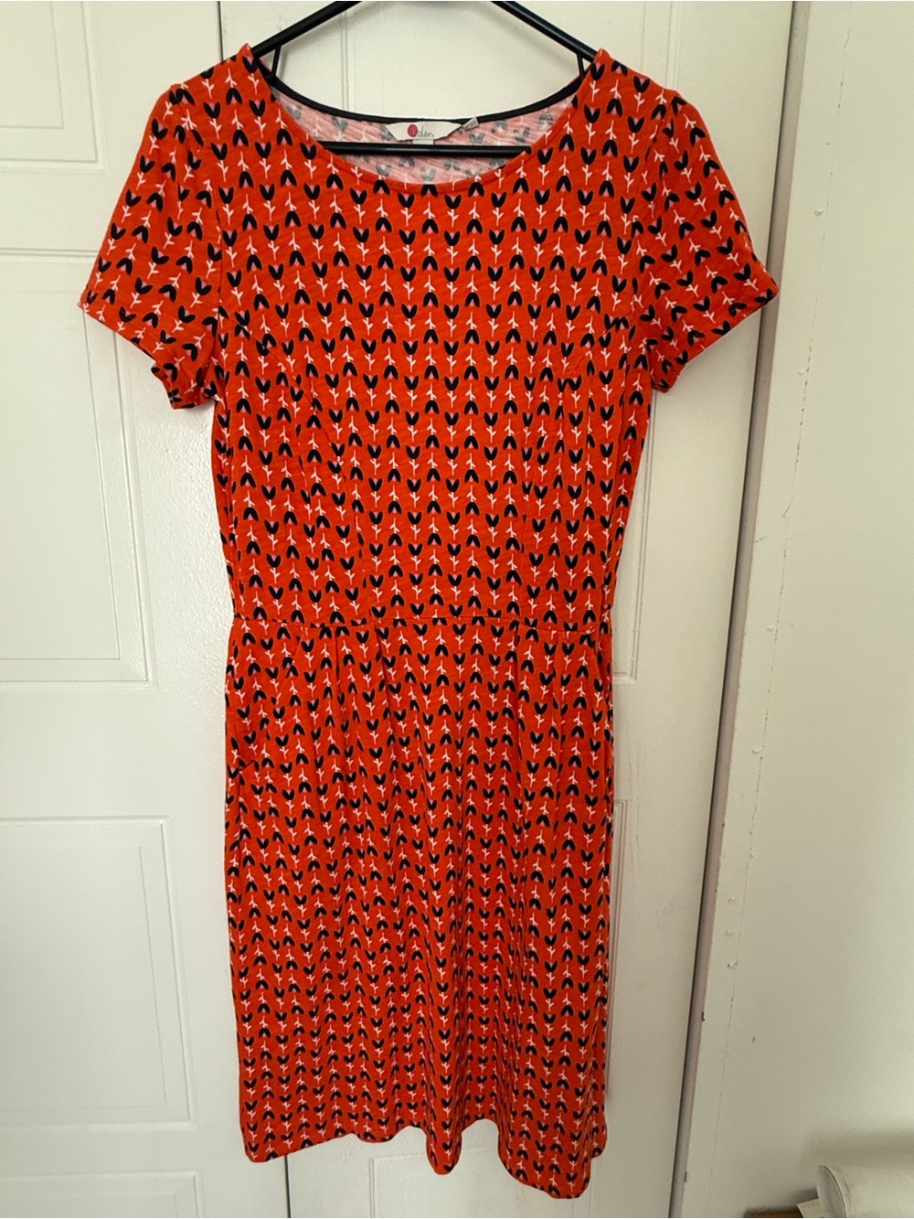 Boden Orange and Navy Short-Sleeve Patterned Midi Dress